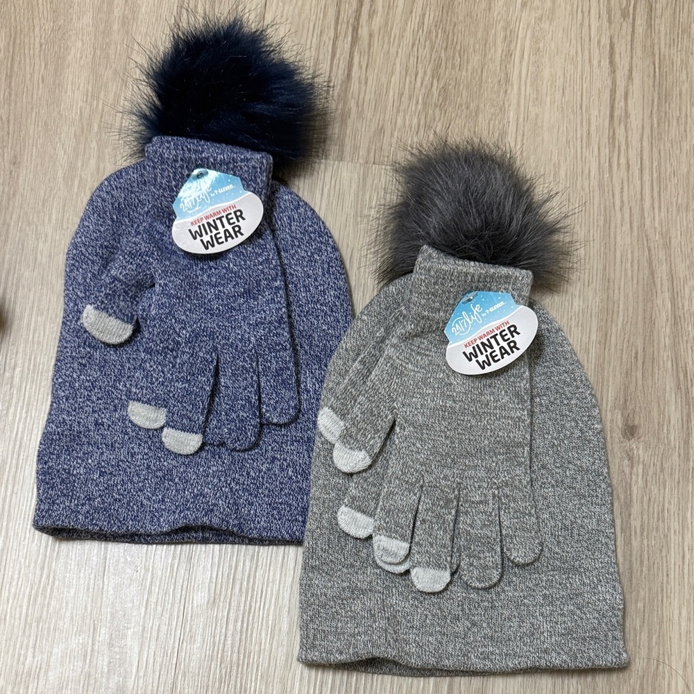 Cozy Winter Wear Gloves and Hat Set - Blue and Gray